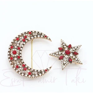 Esra Pamir Kırmızı Beyaz Zirkon Taş Elmas Montür Ay Yıldız Broş