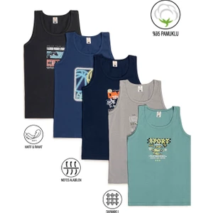 Özkan Underwear Özkan 31800 5'li Paket Erkek Çocuk Karışık Renkli Desenli Pamuklu Yumuşak Rahat Kalın Askılı Atlet