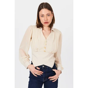 Bej Pileli Gömlek Yaka Düğmeli Bluz 9471