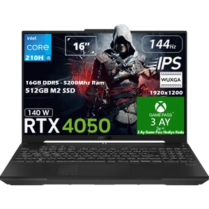 TUF Gaming F16 FX607VU-RL144-GAMING Intel Core 5 210H 16GB Ddr5 5200Mhz 512GB SSD RTX 4050 6GB (140W) 144Hz 16"  IPS Panel WUXGA Freedos Taşınabilir Bilgisayar