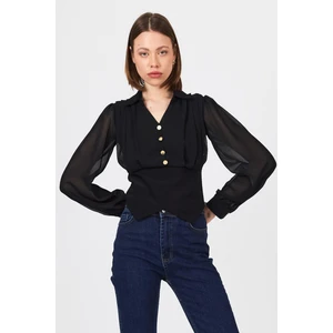 Siyah Pileli Gömlek Yaka Düğmeli Bluz 9471
