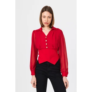 Kırmızı Pileli Gömlek Yaka Düğmeli Bluz 9471