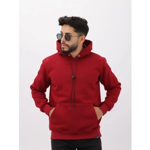 Kırmızı Şardonlu Içi Polarlı Casual Erkek Kapüşonlu Sweatshirt