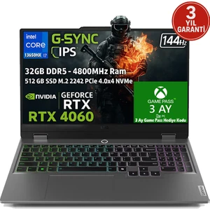 LOQ 15IRX9 Intel Core İ7 13650HX 32GB 512GB SSD RTX 4060 (115W) 15.6"  sRGB 144Hz FHD IPS Panel Freedos Taşınabilir Bilgisayar 83DV011ETR