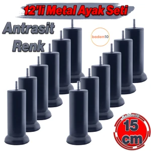 Mobilya Baza Metal 12 Adet M8 Ince Diş Antrasit 15 cm Kanepe Koltuk Çekyat Yükseltme Ayağı Ayakları