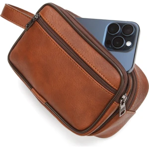 Erkek Bileklik Kemerli Portföy Clutch Traş Kozmetik El Çantası NEW344 - Taba