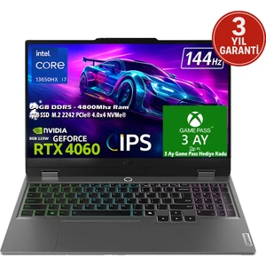 LOQ 15IRX9 Intel Core i7 13650HX 64GB 1TB SSD RTX 4060 (115W) 15.6" Srgb 144Hz FHD IPS Panel Freedos Taşınabilir Bilgisayar 83DV011GTRH4