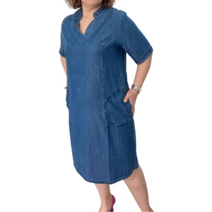 Büyük Beden Ince Kot Denim Kumaş V Yaka Kısa Kollu Iki Cepli Elbise