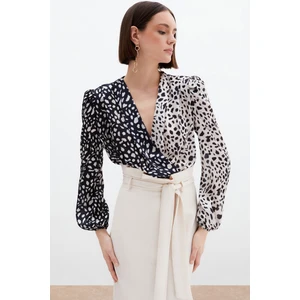 Kruvaze Desenli Bodysuit - Bej-Siyah