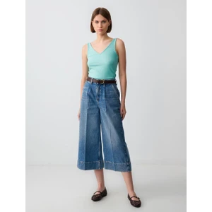 Jimmy Key Indigo Mavi %100 Pamuk Rahat Kesim Yüksek Bel Bol Paça Denim Pantolon