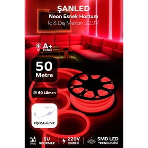 Neon Esnek Hortum Şerit LED Kırmızı Rengi + 220V FIŞ/1,2,3,4,5,10,15,20,25,50,100 Metre