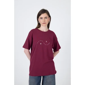 Bordo Yazı Baskılı Oversize Pamuklu Tişört 2150-32M