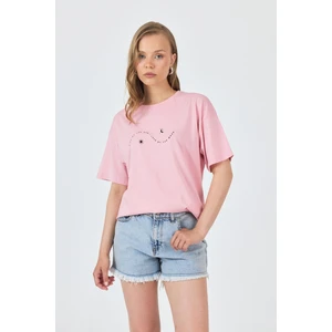 Pembe Yazı Baskılı Oversize Pamuklu Tişört 2150-32M