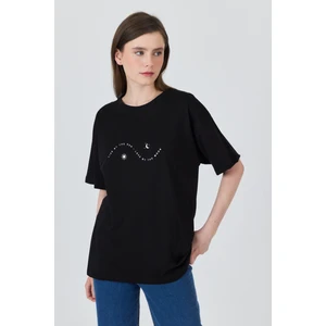 Siyah Yazı Baskılı Oversize Pamuklu Tişört 2150-32M