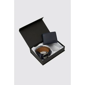 Hakiki Deri Yatay Cüzdan Kemer Seti Bozuk Paralı Lacivert