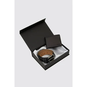 Hakiki Deri Yatay Cüzdan Kemer Seti Bozuk Paralı Siyah