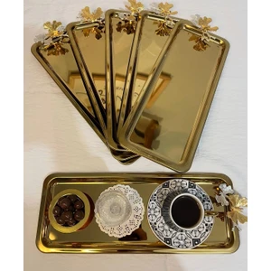 4’lü Lüx Paslanmaz Çelik Kelebekli Gold Kaplama Baton Servis ,çay, Kahve, Ikramlık ve Sunum Tepsisi