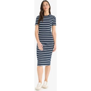 Bodycon Vücudu Saran Bisiklet Yaka Çizgili Fitilli Kaşkorse Kısa Kollu Midi Yazlık Elbise E8988AX25SM
