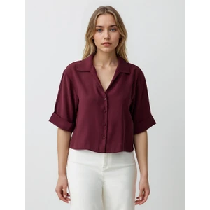 Jimmy Key Bordo Düz Kesim Dirsek Kol Kısa Dokuma Gömlek