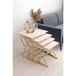 Hayal 4'lü Kare Zigon Sehpa Seti Gold Ayak, Krem Mdf