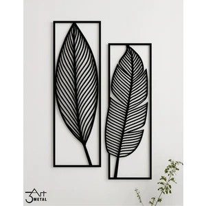 Siyah Metal Yaprak Desenli Duvar Dekoru 2 li Set - Modern Minimalist Çerçeveli Tablo