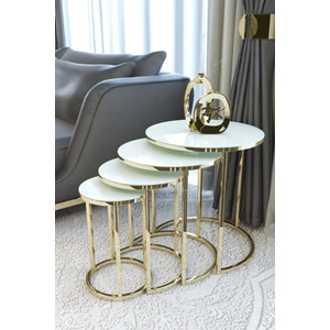 Ceylin 4lü Zigon Sehpa Gold Renk Metal Ayak, Beyaz Kırılmaz Cam