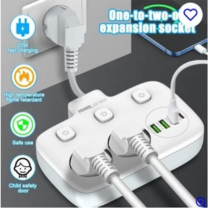 Akım Korumalı 2'li Ayrı Anahtarlı Priz, 2x Priz, 3x Usb, 1x Type-C, 2 mt Kablo, Hızlı Şarj
