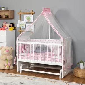 Ahşap Lake Beyaz Renk Anne Yanı Beşik 3 Kademeli Sallanan Ahşap Beşik 60 x 120 cm - Pembe Yıldız Uyku Setli & Soft Yataklı