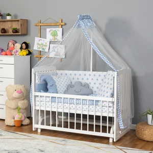 Ahşap Lake Beyaz Renk Anne Yanı Beşik 3 Kademeli Sallanan Ahşap Beşik 60 x 120 cm - Mavi Yıldız Uyku Setli & Soft Yataklı