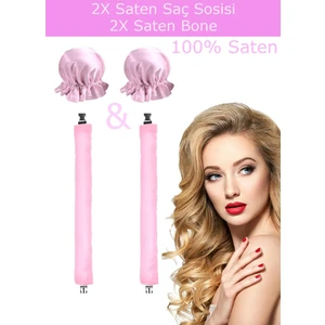 Deko Dekor 2'li Pudra Pembe Saten Saç Sosisi Saten Bone Seti Isısız Saç Şekillendirici Bigudi Saç Bandı