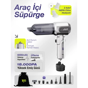 7go Ahv-14 2'si 1 Arada Kablosuz Araç Içi Süpürge Gümüş | 18000PA Güçlü Vakum + Üfleme | Cam Kırıcı & Kemer Kesici Acil Durum Özellikli