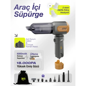 7go Ahv-14 2'si 1 Arada Kablosuz Araç Içi Süpürge Turuncu | 18000PA Güçlü Vakum + Üfleme | Cam Kırıcı & Kemer Kesici Acil Durum Özellikli
