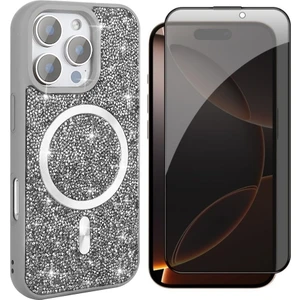 Apple iPhone 15 Pro Max Kılıf Pırlanta Tasarımlı M-Safe Şarj Özellikli Zore Mozaik Silikon Kapak + Hayalet Ekran Koruyucu