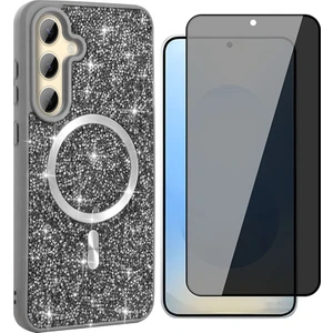 Samsung Galaxy S24 Fe Kılıf Pırlanta Tasarımlı M-Safe Şarj Özellikli Zore Mozaik Silikon Kapak + Hayalet Ekran Koruyucu