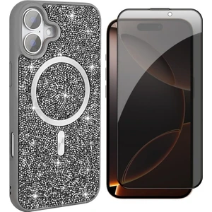 Apple iPhone 16 Plus Kılıf Pırlanta Tasarımlı M-Safe Şarj Özellikli Zore Mozaik Silikon Kapak + Hayalet Ekran Koruyucu