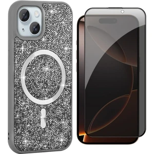 Apple iPhone 15 Plus Kılıf Pırlanta Tasarımlı M-Safe Şarj Özellikli Zore Mozaik Silikon Kapak + Hayalet Ekran Koruyucu