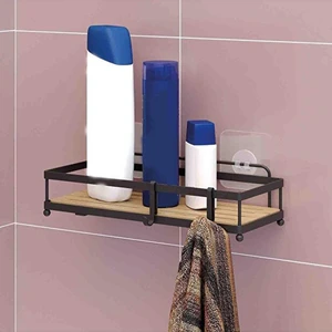 Ahşap Görünümlü Kancalı Banyo Duş Rafı - Siyah