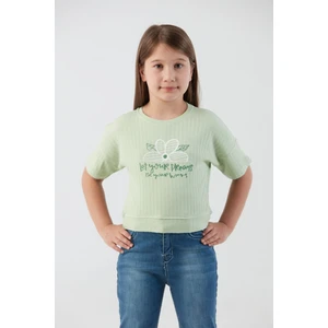 Fitilli Yazı Baskılı Likralı Kız Çocuk Tişört