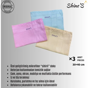 Shine'S Fabrika Satış Mağazası Shines Satış Mağazası 3'lü Mikrofiber Temizlik Bezi, Banyo, Mutfak, Cam, Araba ve Tüm Yüzeyler (30X40 Cm)