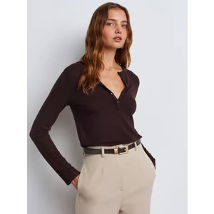 31544 Düğmeli Uzun Kollu Top-Koyu Kahve