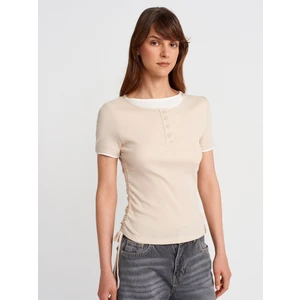 31816 Çift Katlı Büzgülü T-Shirt-Bej