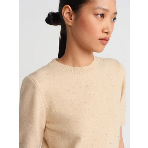 10703 Bisiklet Yaka Pullu Simli Triko Kazak-Bej