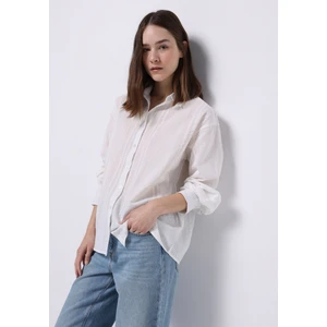Regular Fit Shirt Neck Düz Kadın Beyaz Uzun Kol Gömlek