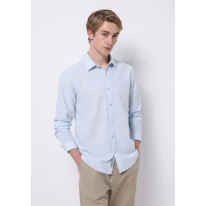 Regular Fit Shirt Neck Düz Erkek Keten Karışımlı Açik Mavi Uzun Kol Gömlek