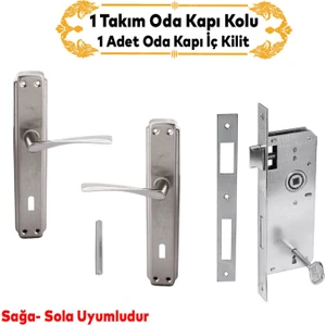 Kumru Nikel Saten Oda Kapı Kolu + Hok Er-40 Ekstra Gömme Kilit Iç Kapı Oda Kilidi Rulmanlı Köşeli 40 mm Takım