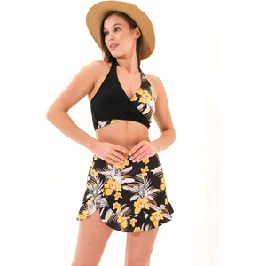 725714_KADIN Hawai Desenli Volanlı Şort Etekli Çapraz Geçişli Croplu Deniz/havuz Mayosu