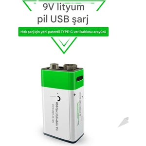 USB Şarjlı 9V 650MAH Lityum Şarjlı Pil Batarya 1200 Şarj Döngüsü