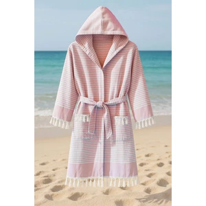 Kapşonlu Unisex Peştemal Plaj Bornozu %100 Pamuklu Seaside Stripe