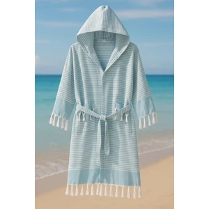 Kapşonlu Unisex Peştemal Plaj Bornozu %100 Pamuklu Seaside Stripe
