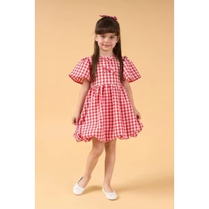 Kız Çocuk Pamuklu Kırmızı Ekose Balon Etekli Elbise